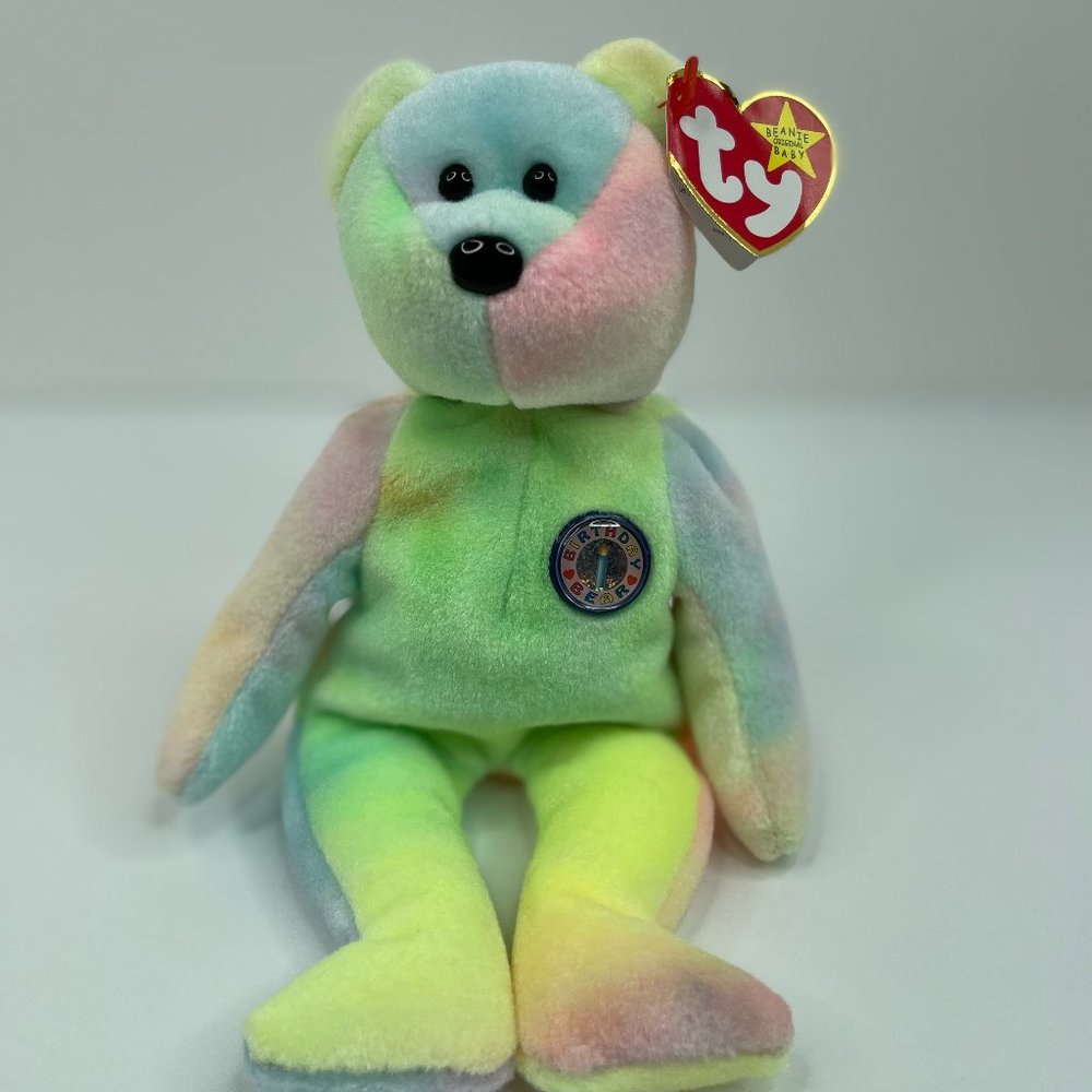 TY Beanie Buddies B.B. Bear HAPPY BIRTHDAY rare NEON colors With Tag/Halogram